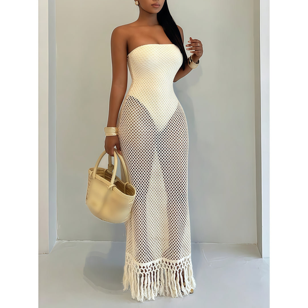 Women's Summer Beach Crochet Mesh Fringe Dress - Fake Two-Piece Design