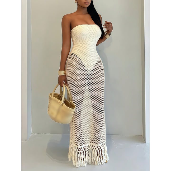Women's Summer Beach Crochet Mesh Fringe Dress - Fake Two-Piece Design