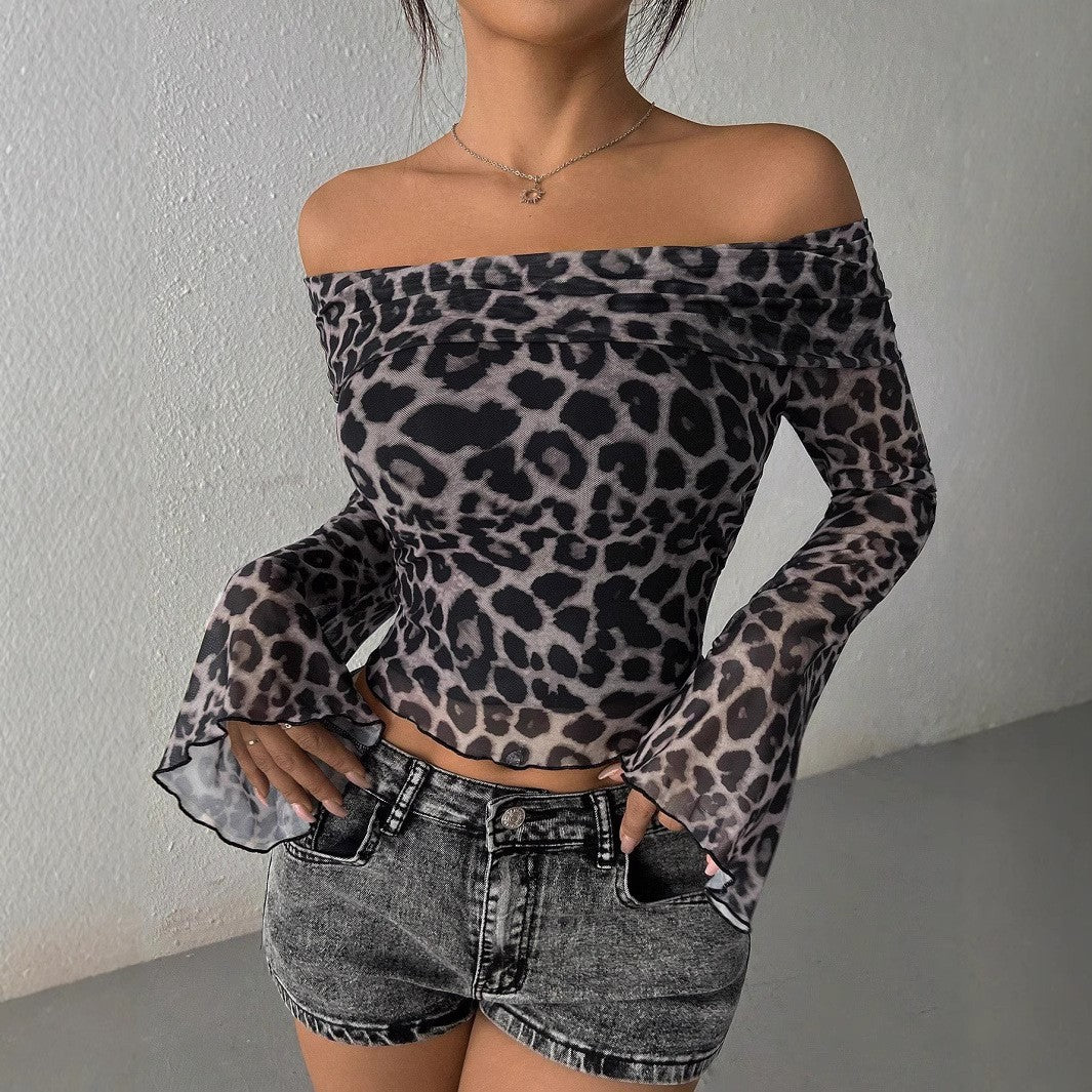 Women’s Leopard Print Off Shoulder Mesh Top