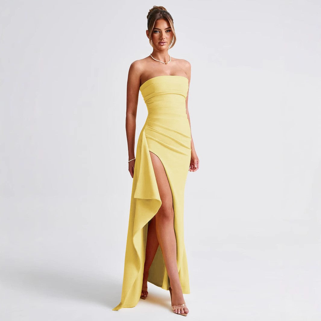 Strapless Ruched High Slit Maxi Dress