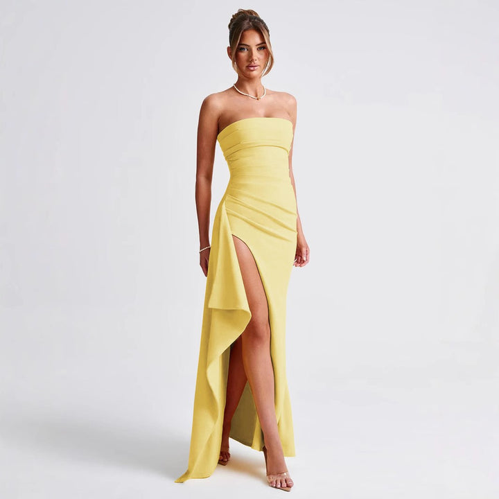 Strapless Ruched High Slit Maxi Dress