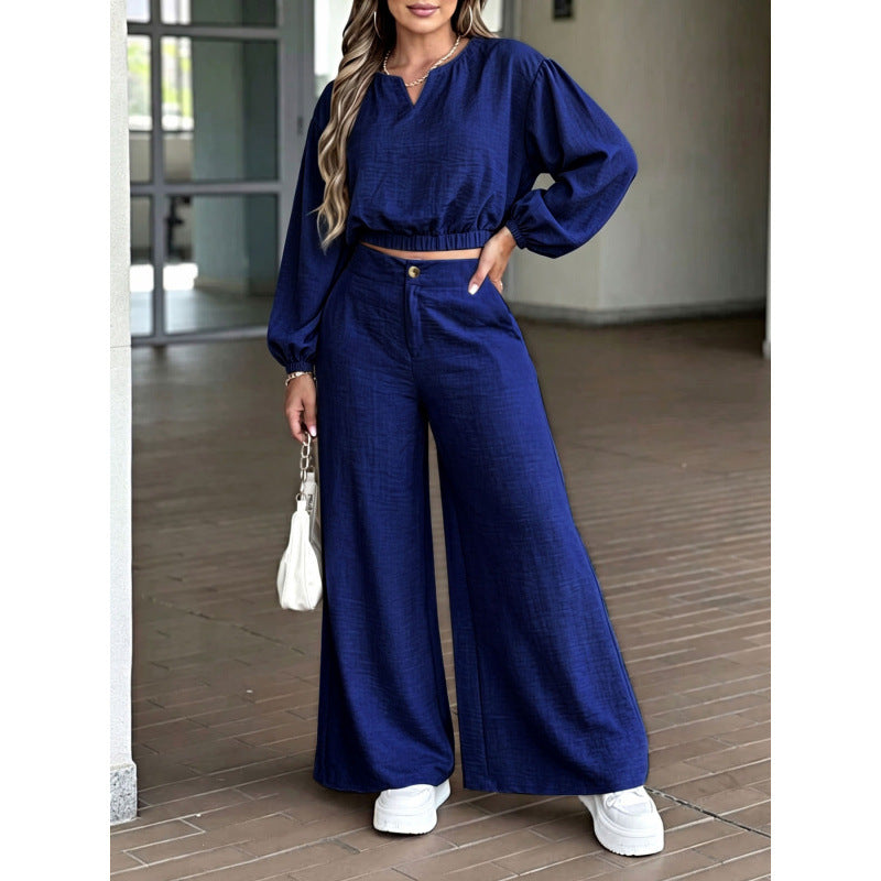Women’s V-Neck Two Piece Set – Puff Sleeve Crop Top & High Waisted Wide Leg Pants
