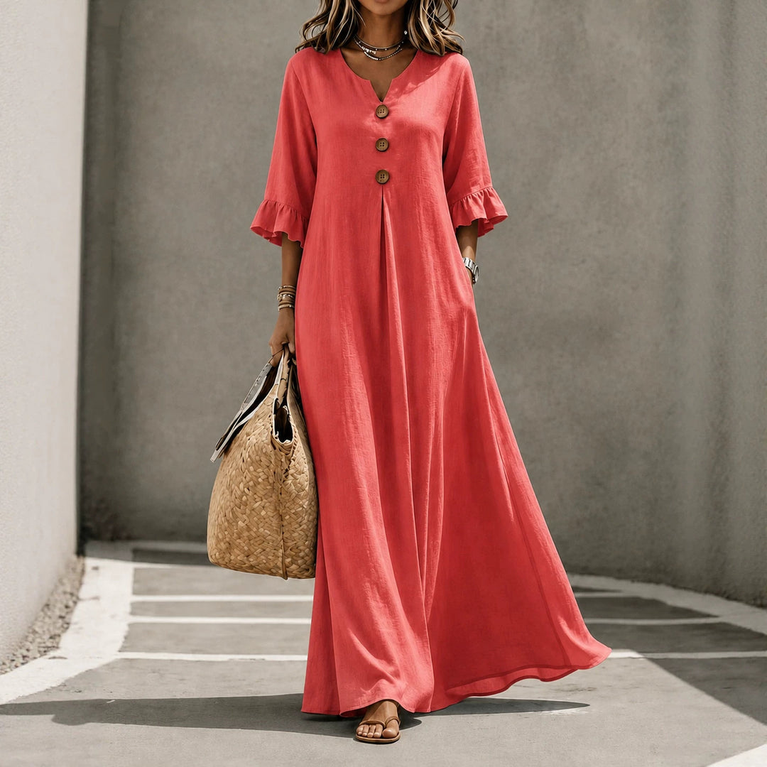 Women’s Solid Color Maxi Dress – V Neck with Pockets