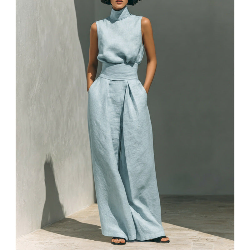 Minimalist Linen Sleeveless Wide Leg Pants Set