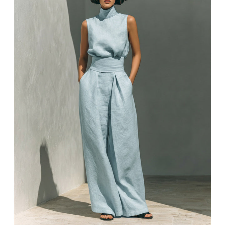 Minimalist Linen Sleeveless Wide Leg Pants Set