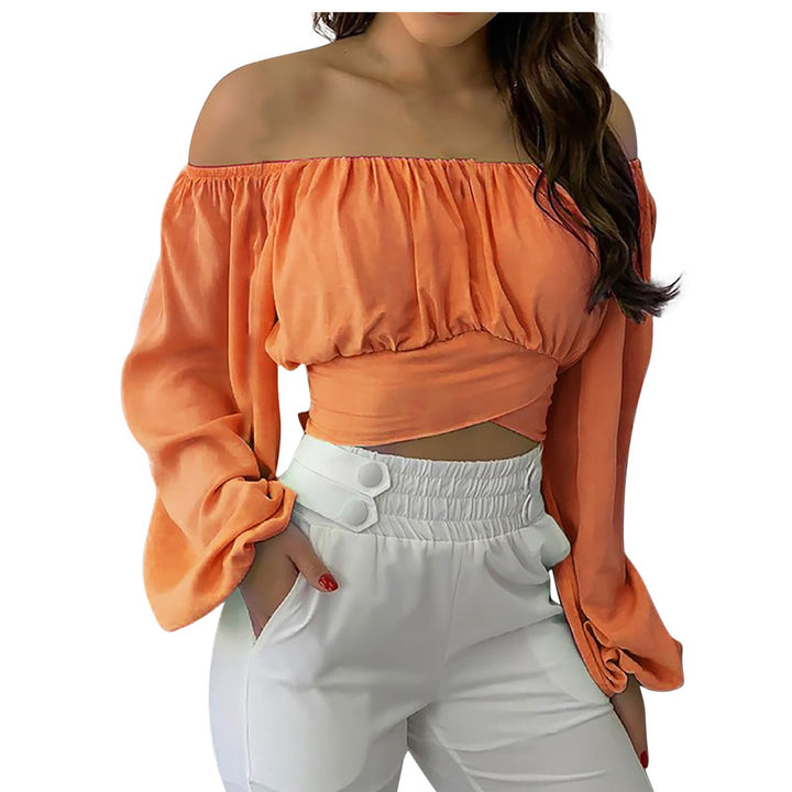 Women’s Long Sleeve Wrap Crop Top – Off-Shoulder V-Neck Cross Front Tie Top