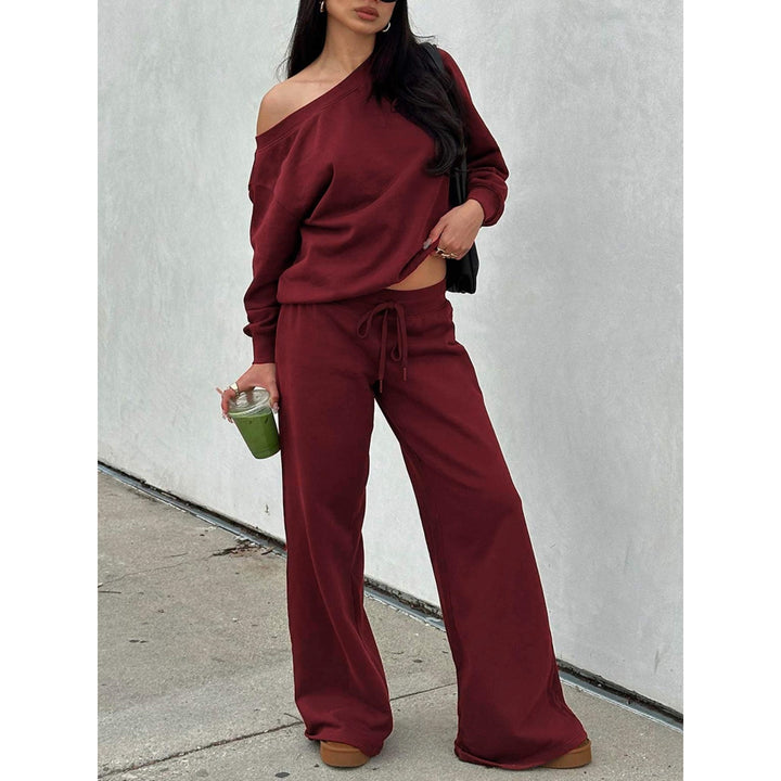 Women’s Off-Shoulder Two-Piece Set – Long Sleeve Sweatshirt & Wide-Leg