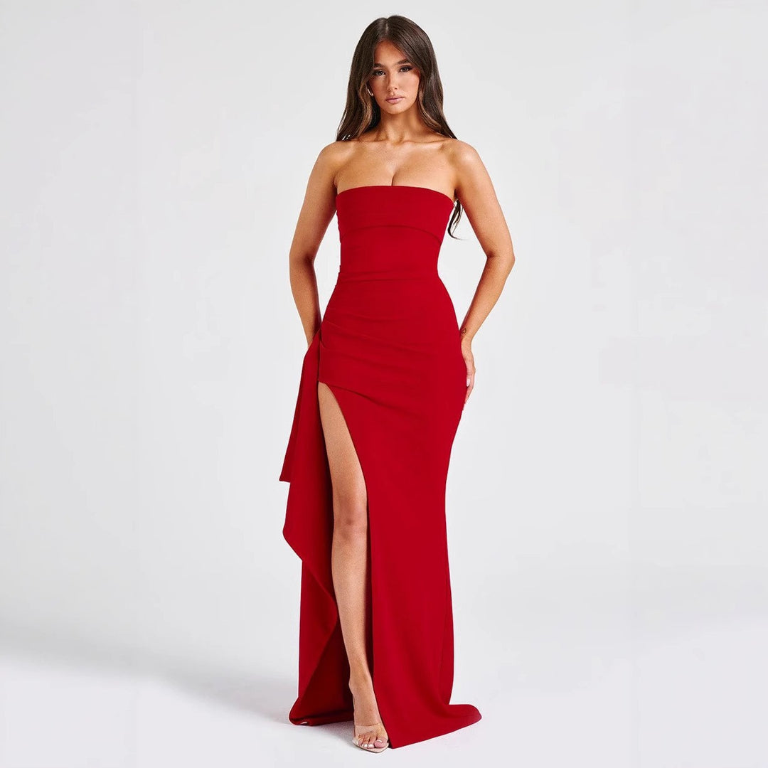Strapless Ruched High Slit Maxi Dress