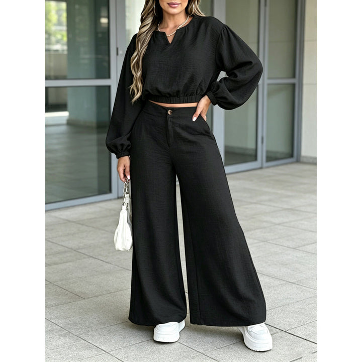 Women’s V-Neck Two Piece Set – Puff Sleeve Crop Top & High Waisted Wide Leg Pants