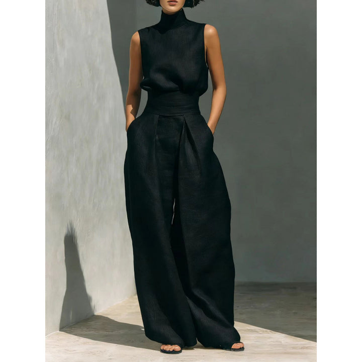 Minimalist Linen Sleeveless Wide Leg Pants Set