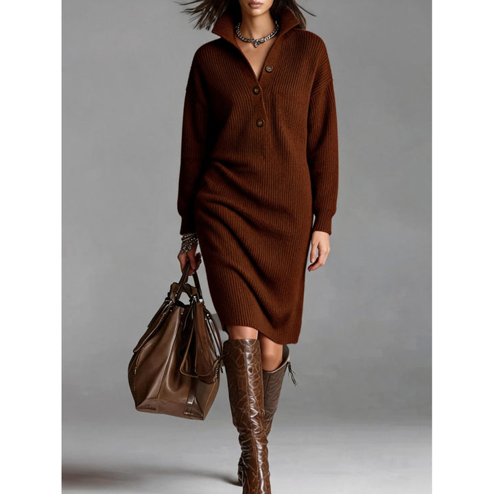 Women’s Button-Up Mock Neck Ribbed Knit Midi Dress(S-5XL)