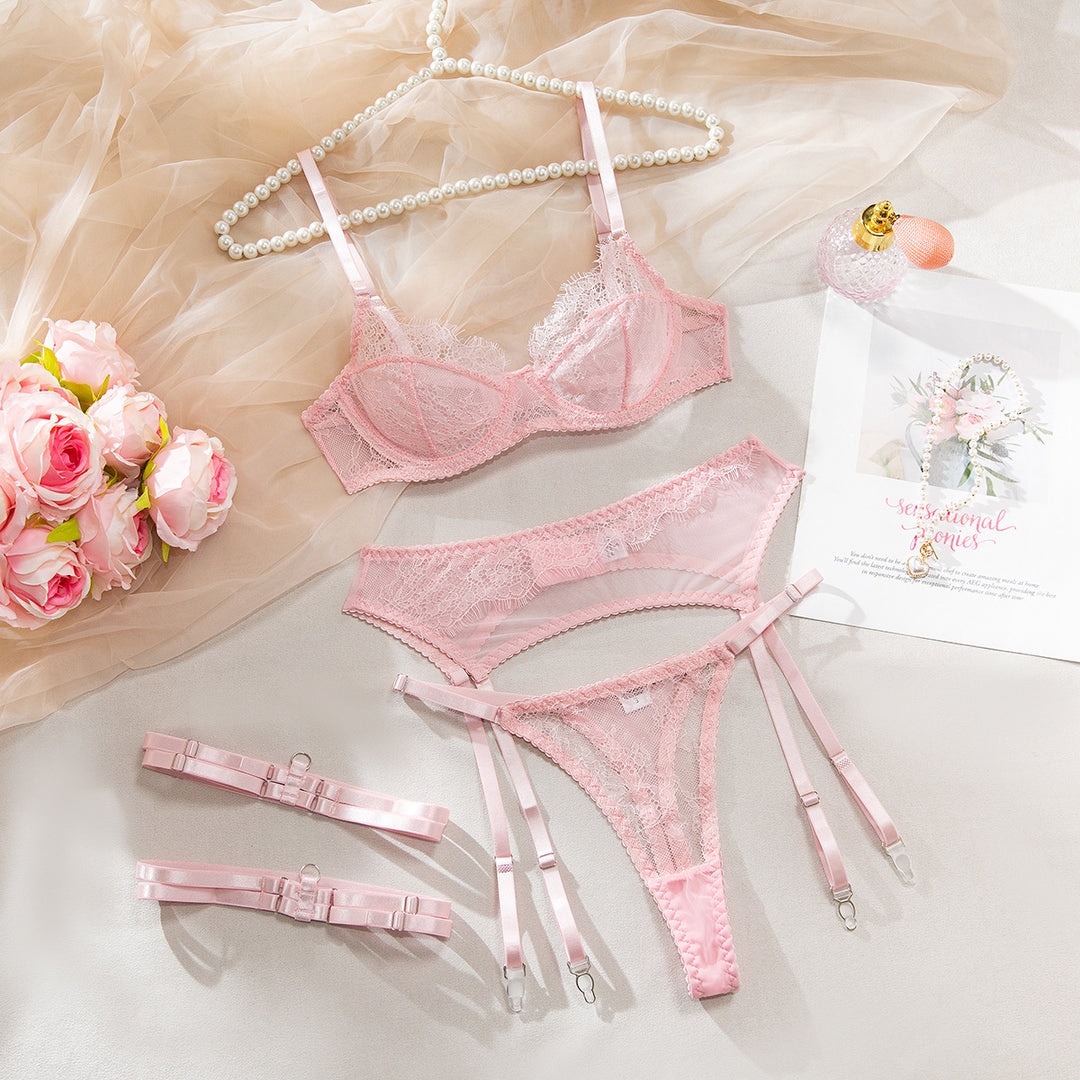 Women’s 4-Piece Lace Lingerie Set – Sheer Mesh