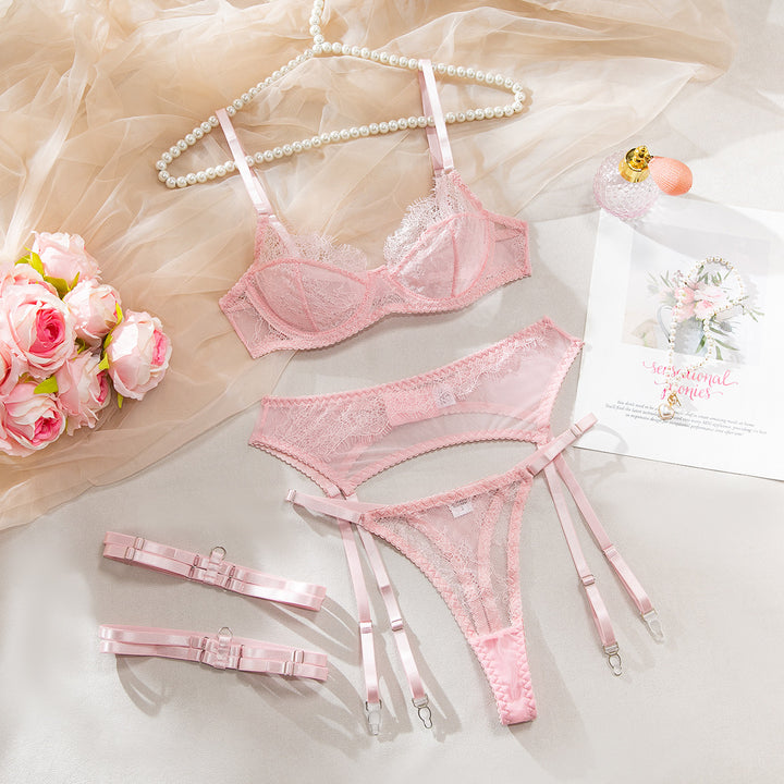 Women’s 4-Piece Lace Lingerie Set – Sheer Mesh