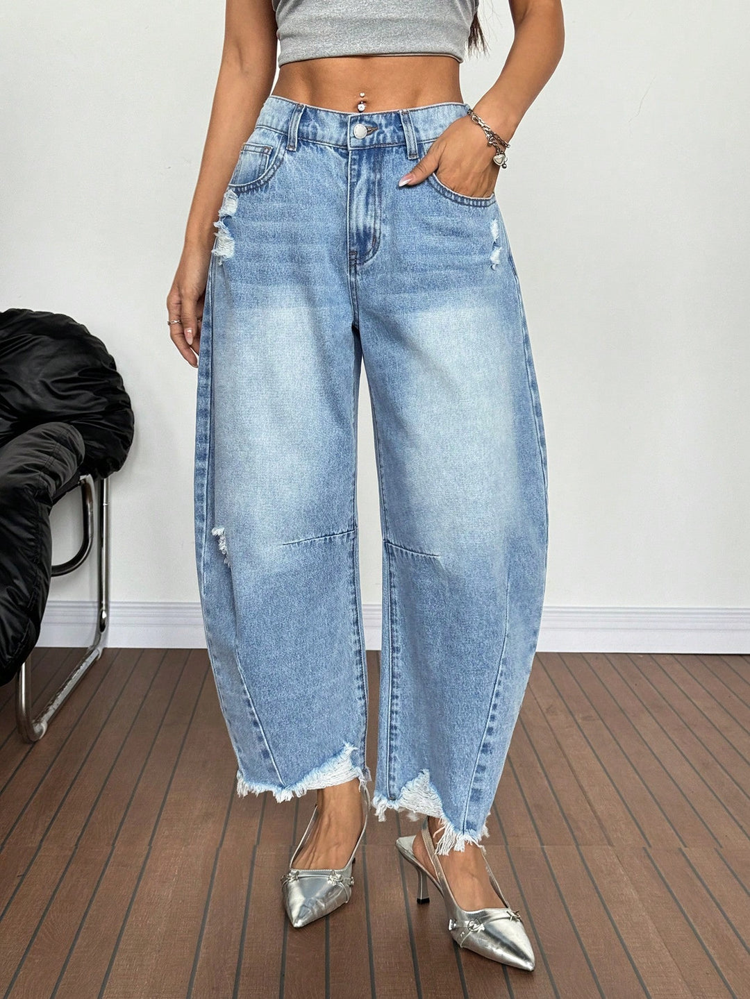 High Waist Frayed Wide Leg Jeans