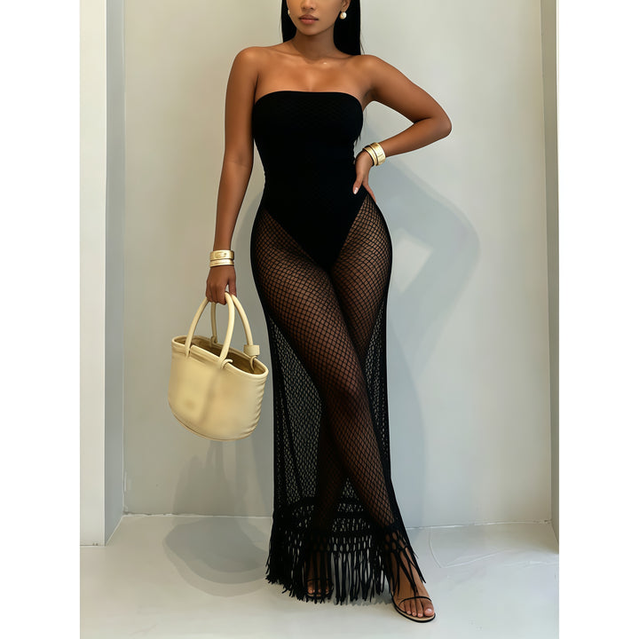 Women's Summer Beach Crochet Mesh Fringe Dress - Fake Two-Piece Design
