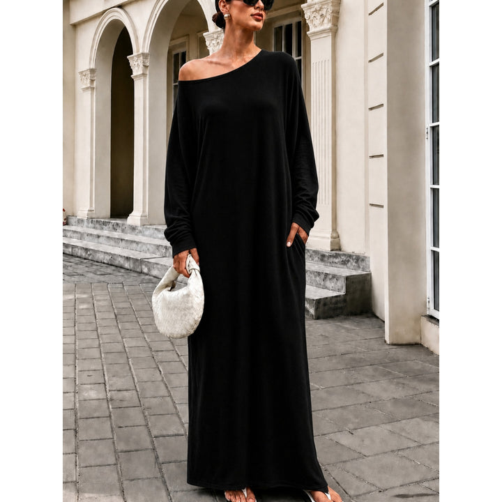 Women’s Off Shoulder Maxi Dress – Loose Fit Long Sleeve Pocket