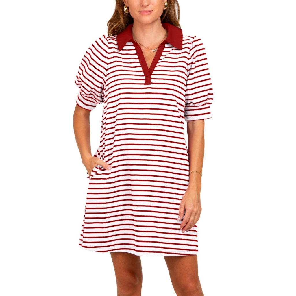 Women’s Striped Polo Shirt Dress –Short Sleeves & Side Pockets