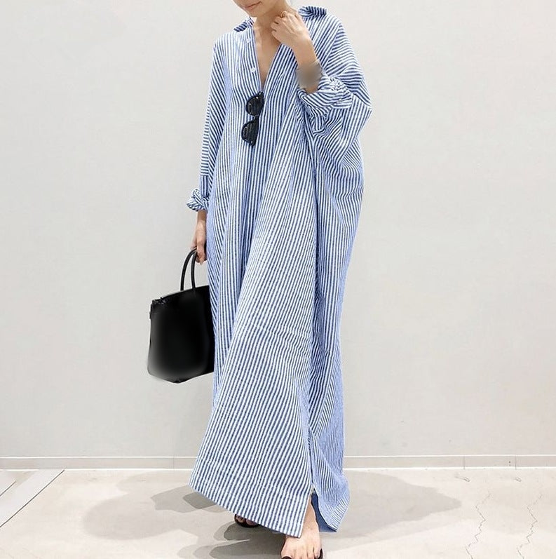 Women's Oversized Striped Maxi Shirt Dress