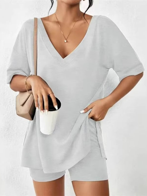 Casual Matching Outfit - Stretchy Deep V Neck Loose Fit Top & Pocket Shorts