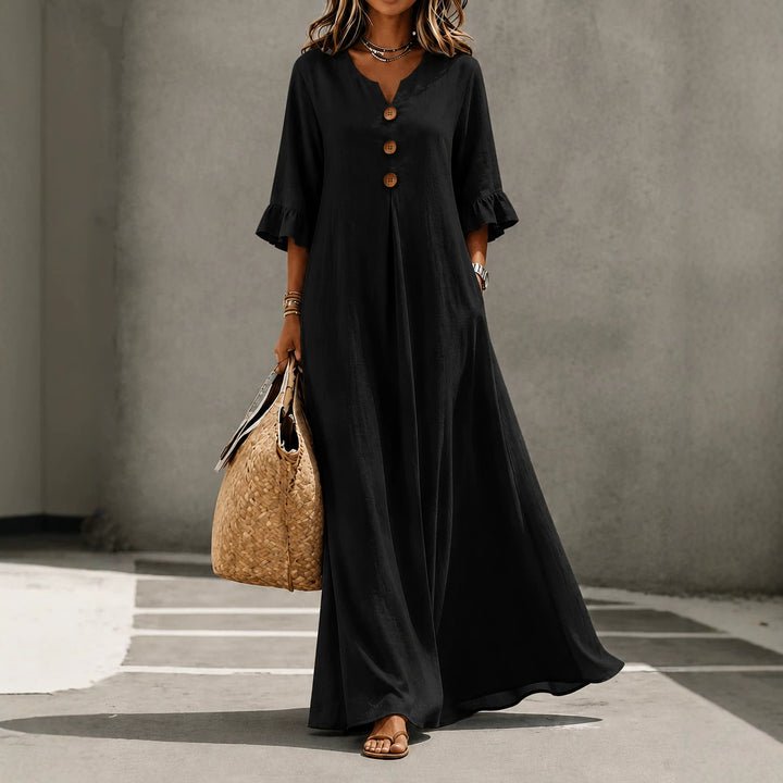 Women’s Solid Color Maxi Dress – V Neck with Pockets
