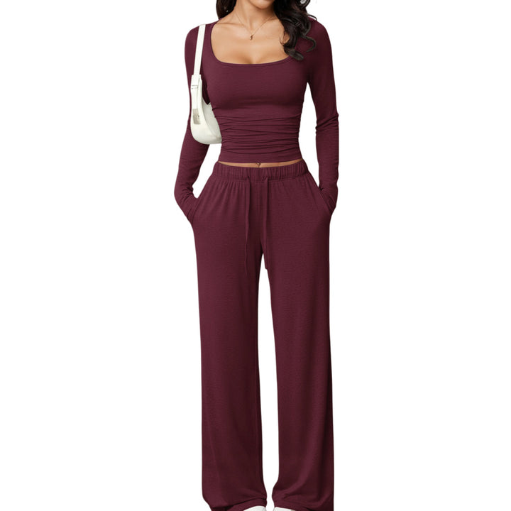 Women’s Square Neck Lounge Set – Long Sleeve Top & Wide Leg Pants 2-Piece Casual Outfit