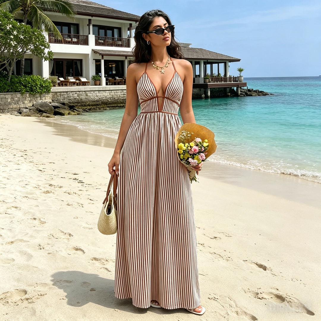 Elegant Sexy Women's Striped Halter Neck Maxi Dress