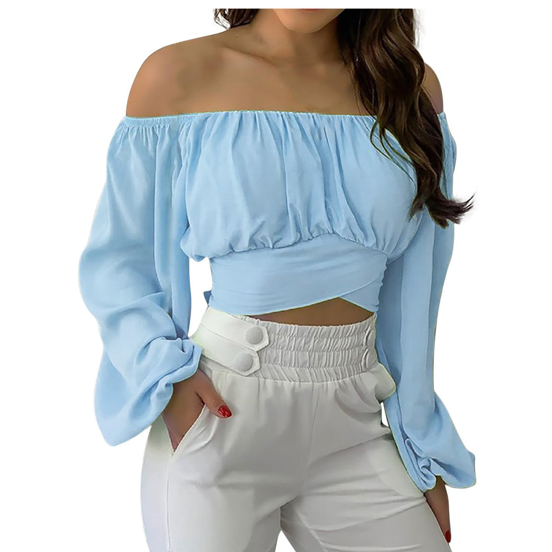 Women’s Long Sleeve Wrap Crop Top – Off-Shoulder V-Neck Cross Front Tie Top