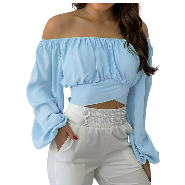 Women’s Long Sleeve Wrap Crop Top – Off-Shoulder V-Neck Cross Front Tie Top
