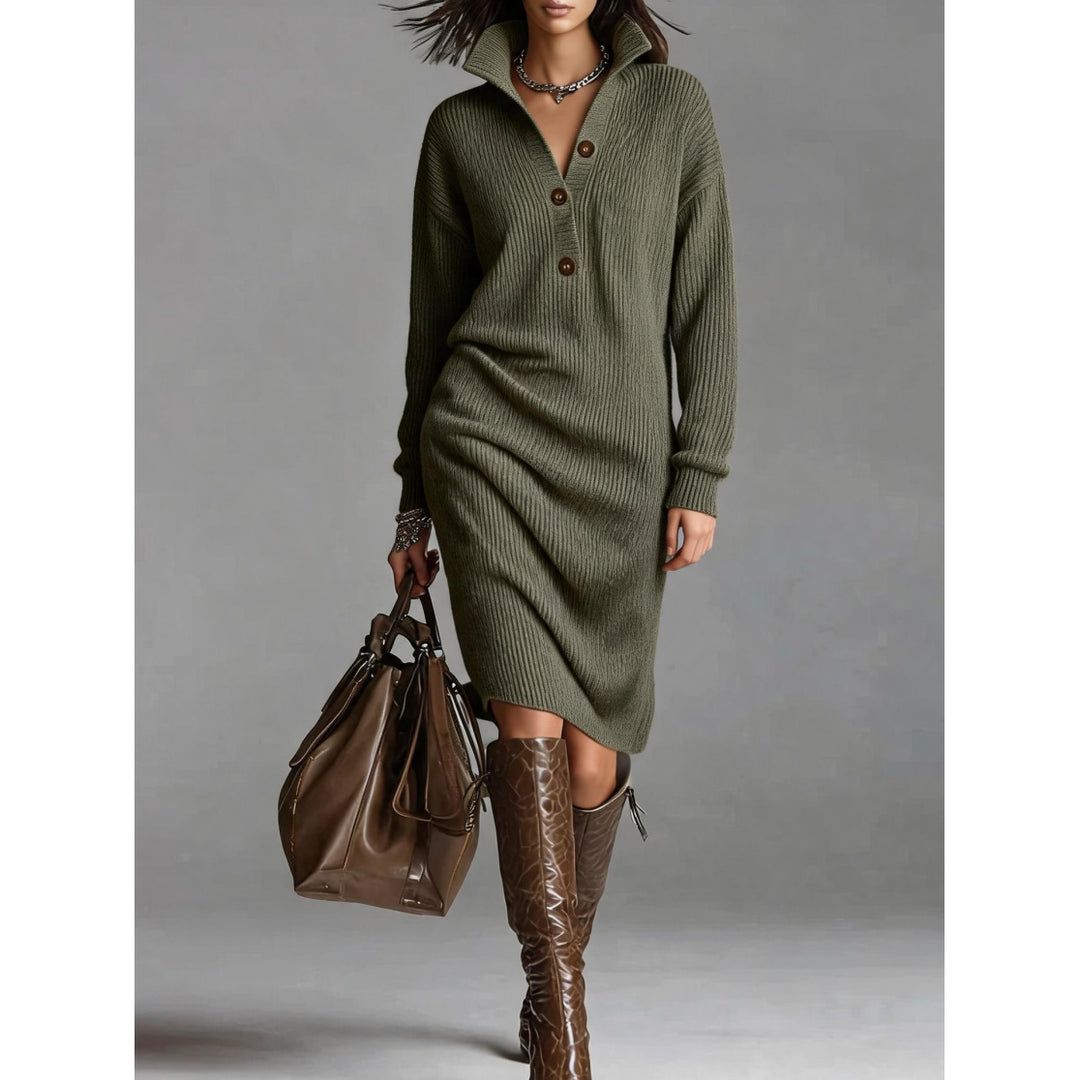 Women’s Button-Up Mock Neck Ribbed Knit Midi Dress(S-5XL)