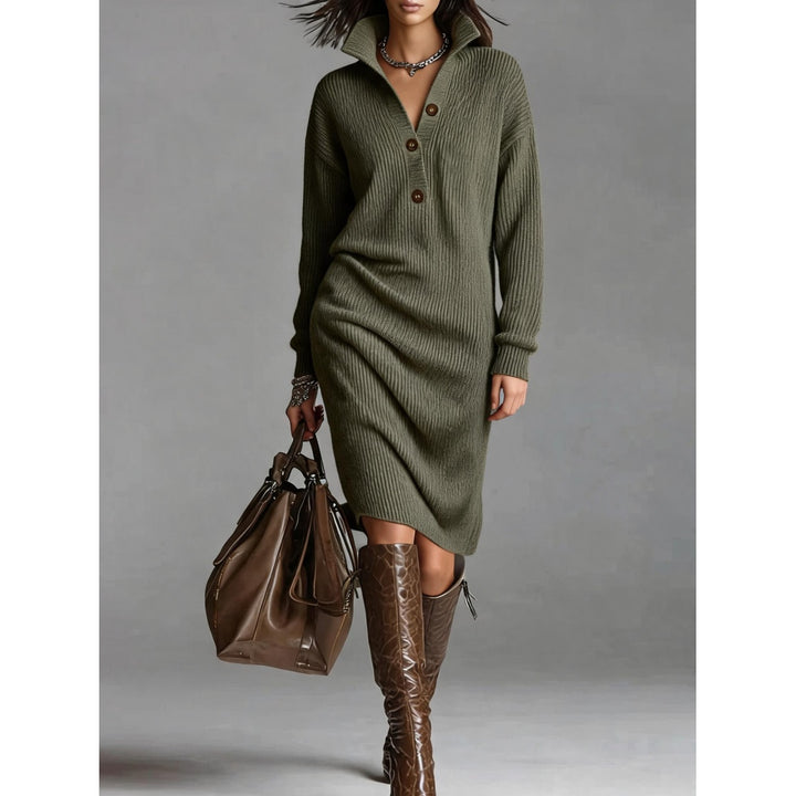 Women’s Button-Up Mock Neck Ribbed Knit Midi Dress(S-5XL)