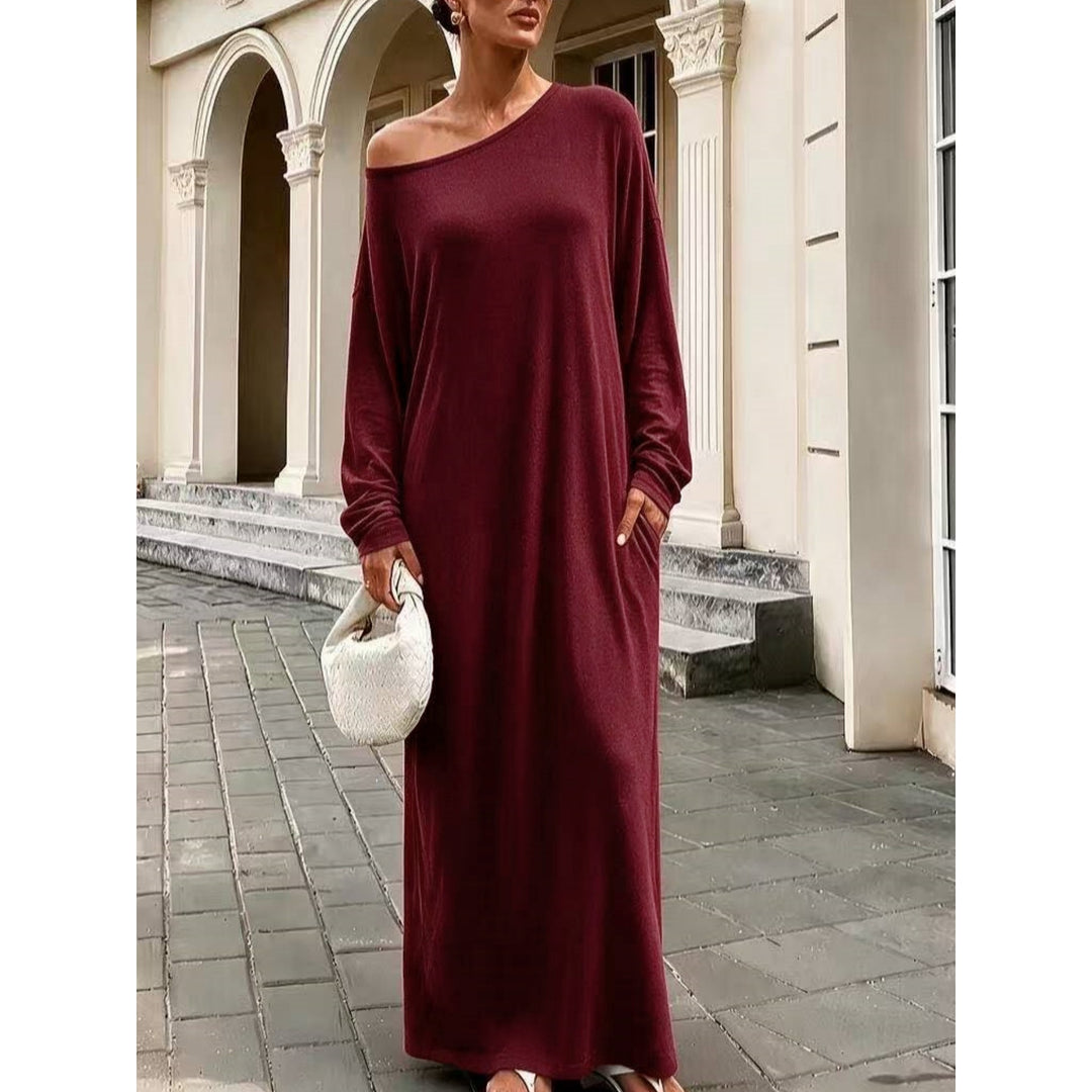 Women’s Off Shoulder Maxi Dress – Loose Fit Long Sleeve Pocket
