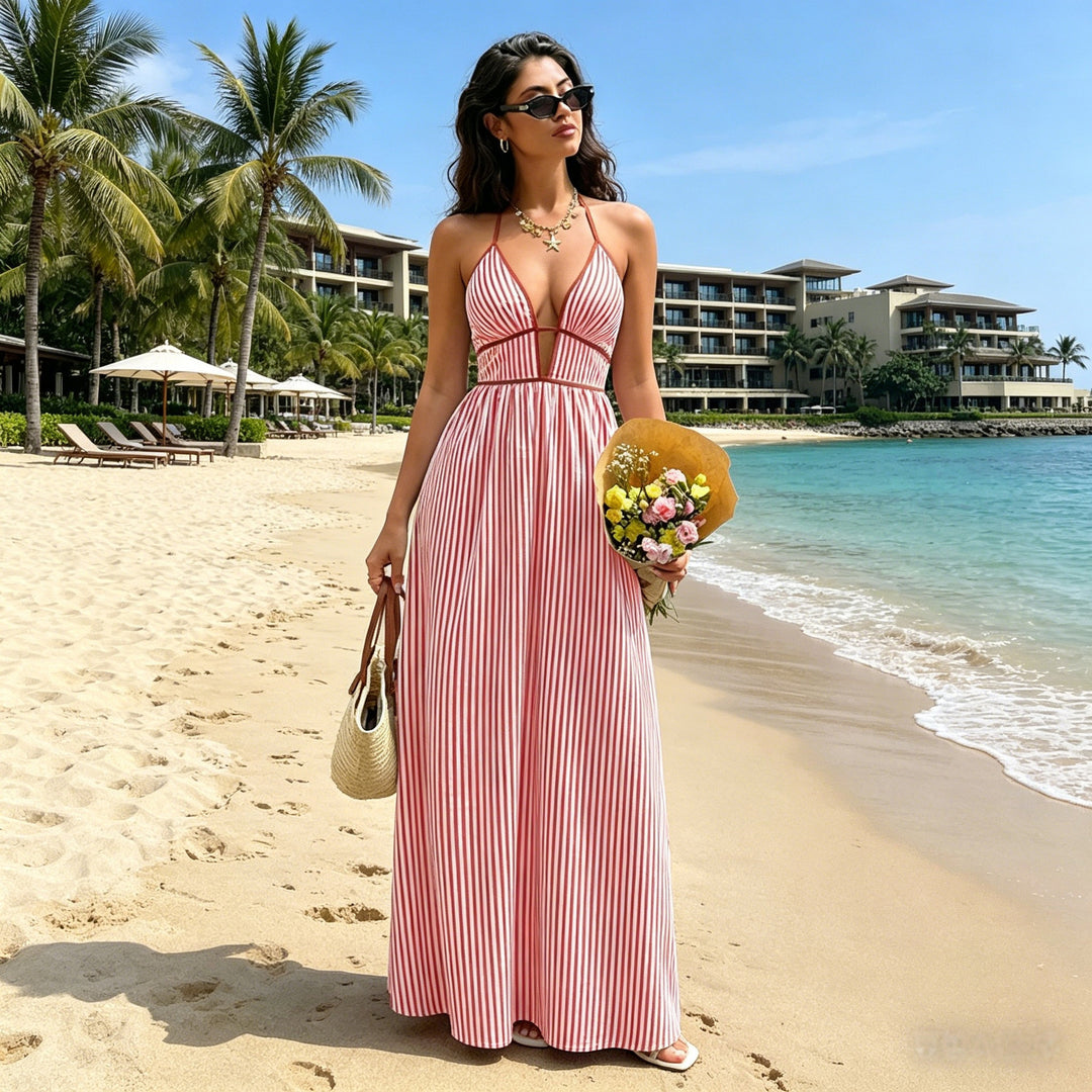 Elegant Sexy Women's Striped Halter Neck Maxi Dress