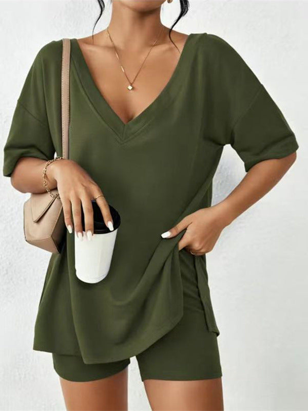 Casual Matching Outfit - Stretchy Deep V Neck Loose Fit Top & Pocket Shorts