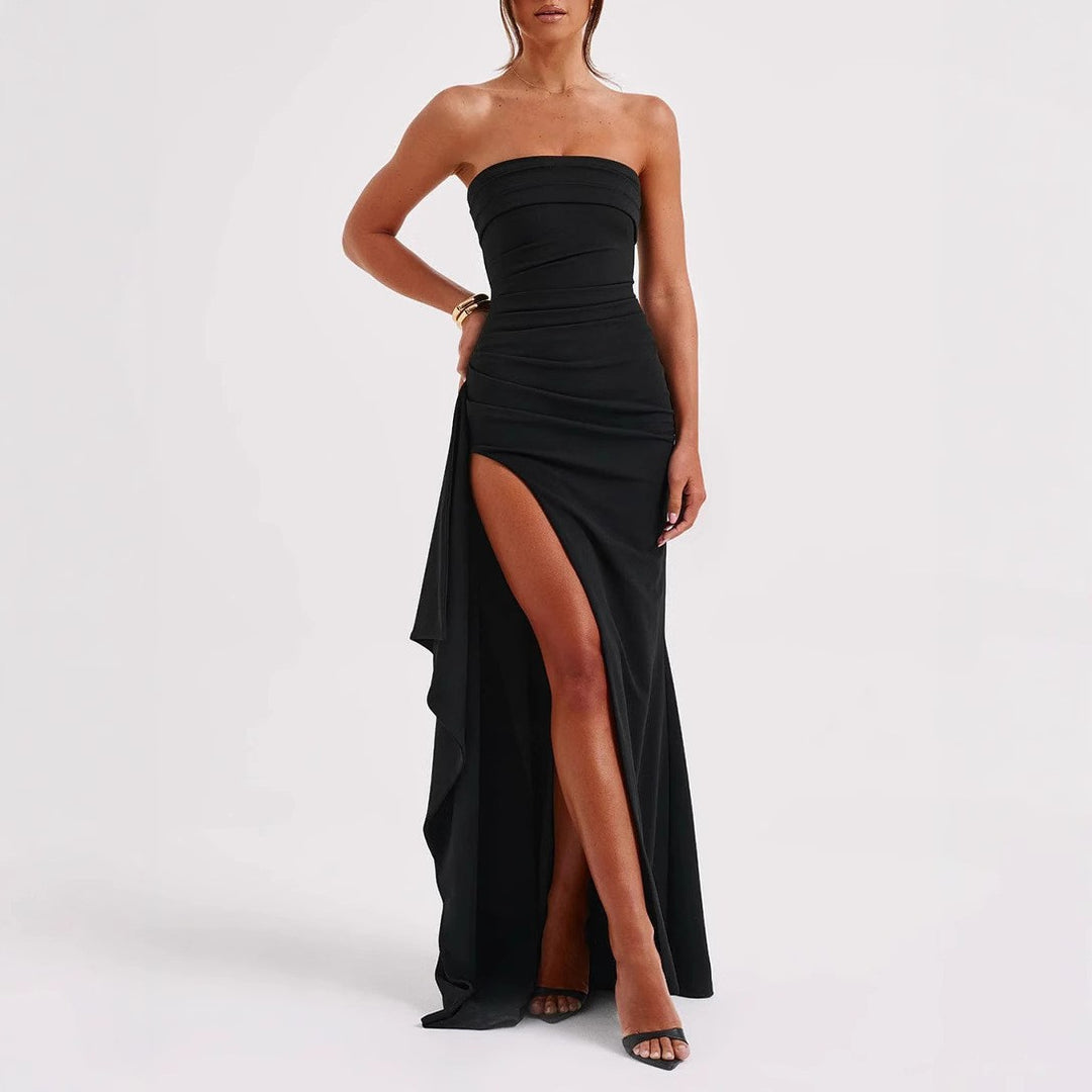 Strapless Ruched High Slit Maxi Dress