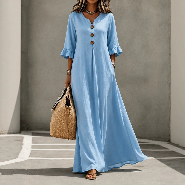 Women’s Solid Color Maxi Dress – V Neck with Pockets