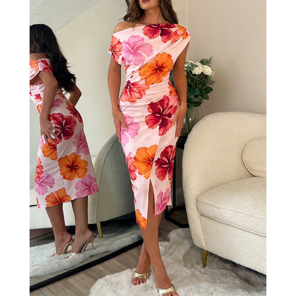Women’s Polka Dot Midi Dress – Asymmetrical Ruched Bodycon Dress with Side Slit