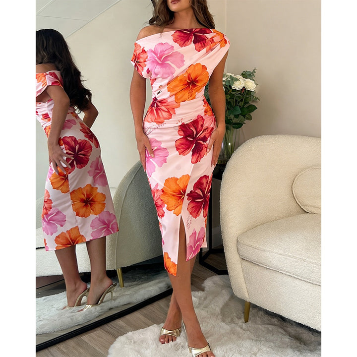 Women’s Polka Dot Midi Dress – Asymmetrical Ruched Bodycon Dress with Side Slit