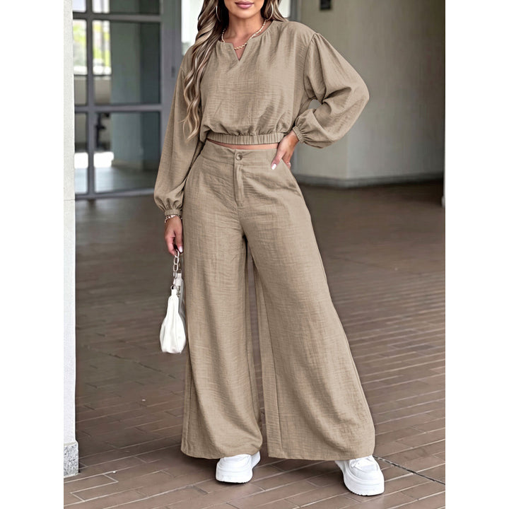 Women’s V-Neck Two Piece Set – Puff Sleeve Crop Top & High Waisted Wide Leg Pants