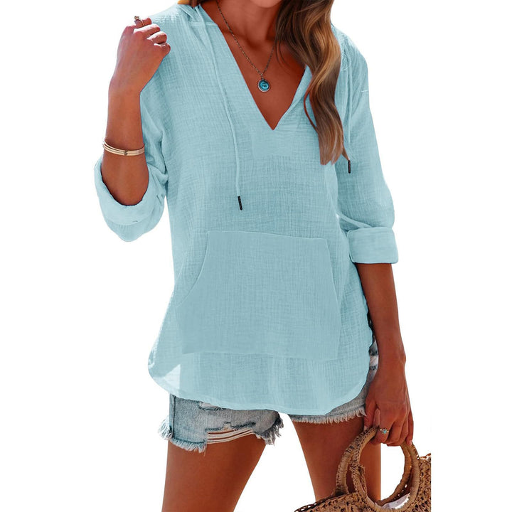 Women's Relaxed V Neck Drawstring Hooded Top