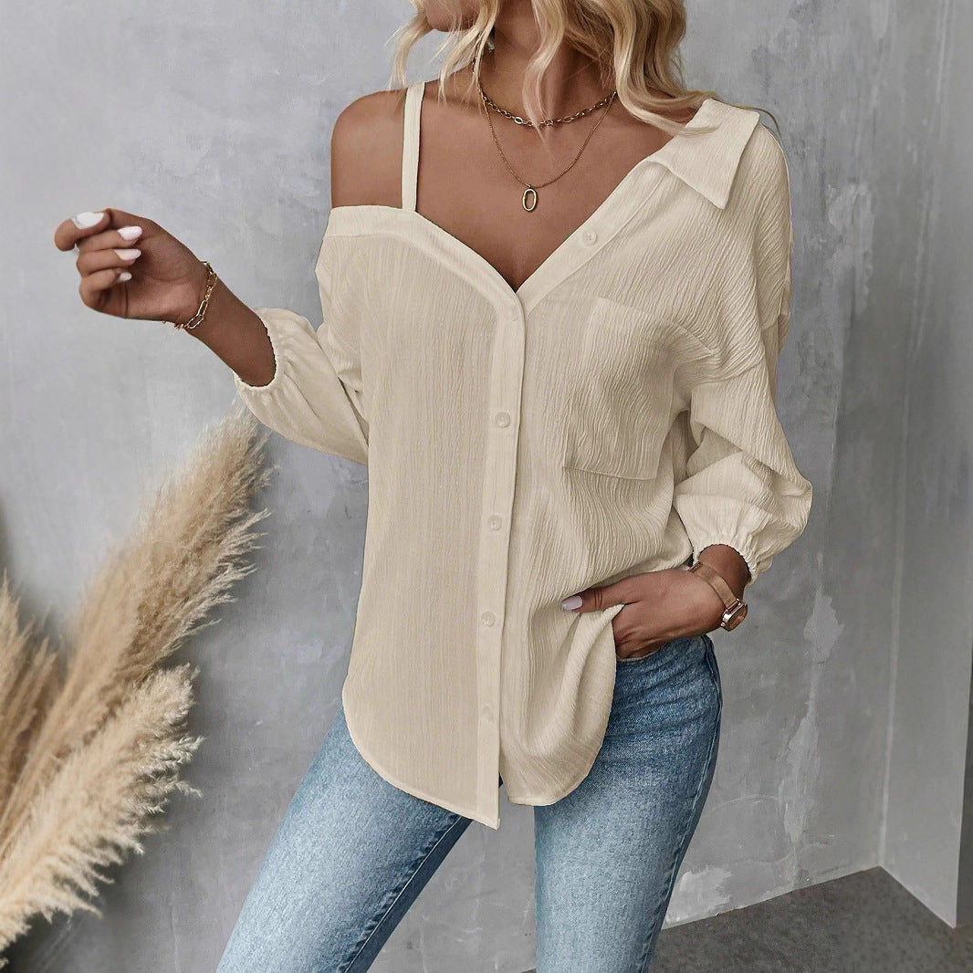 Women’s Off-Shoulder Textured Button-Up Blouse