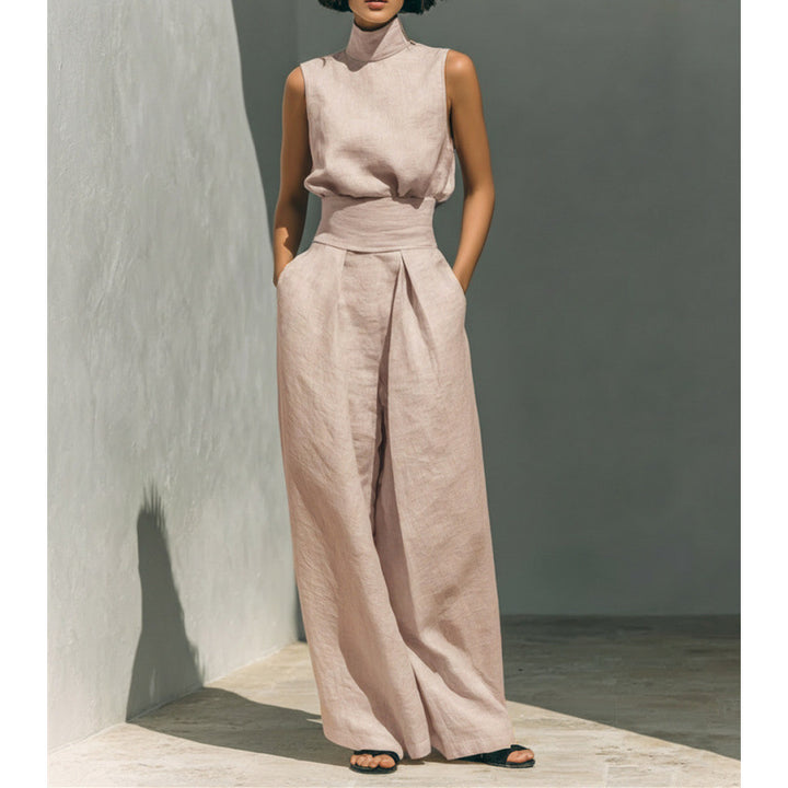 Minimalist Linen Sleeveless Wide Leg Pants Set
