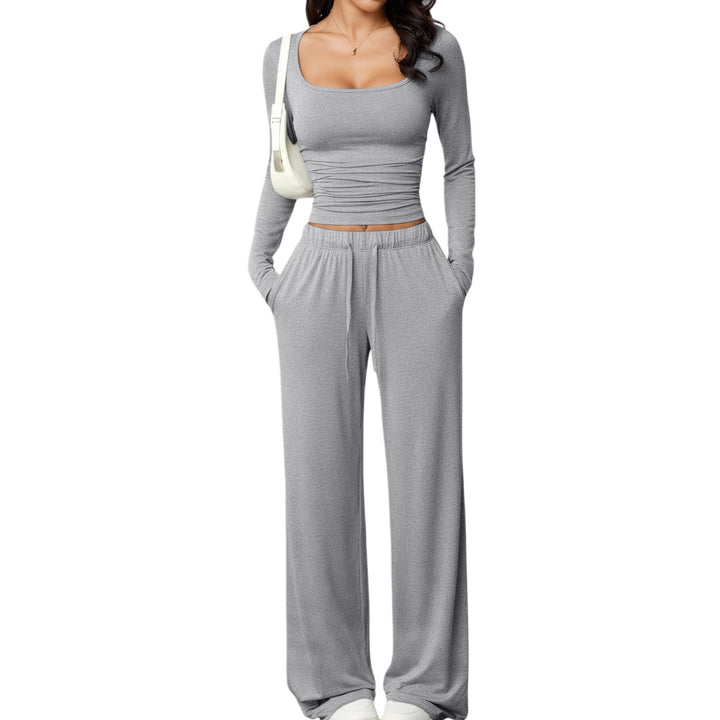 Women’s Square Neck Lounge Set – Long Sleeve Top & Wide Leg Pants 2-Piece Casual Outfit