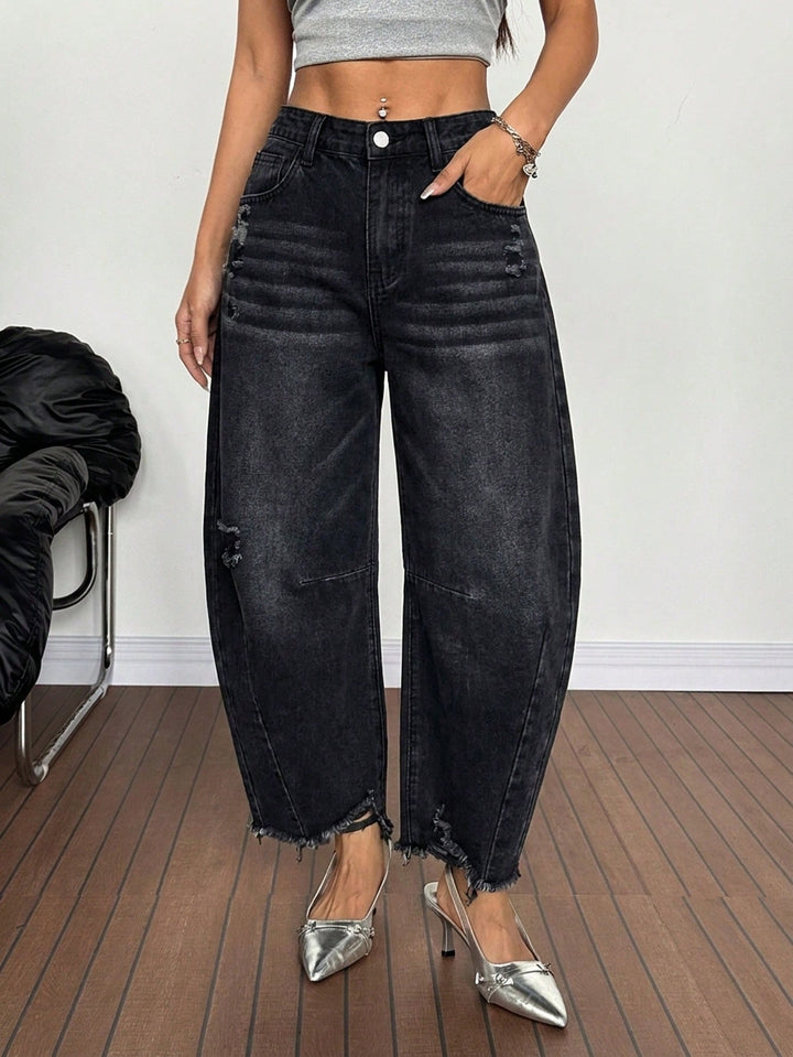 High Waist Frayed Wide Leg Jeans