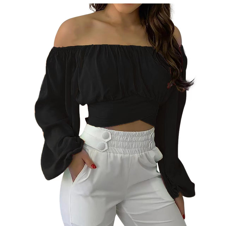 Women’s Long Sleeve Wrap Crop Top – Off-Shoulder V-Neck Cross Front Tie Top