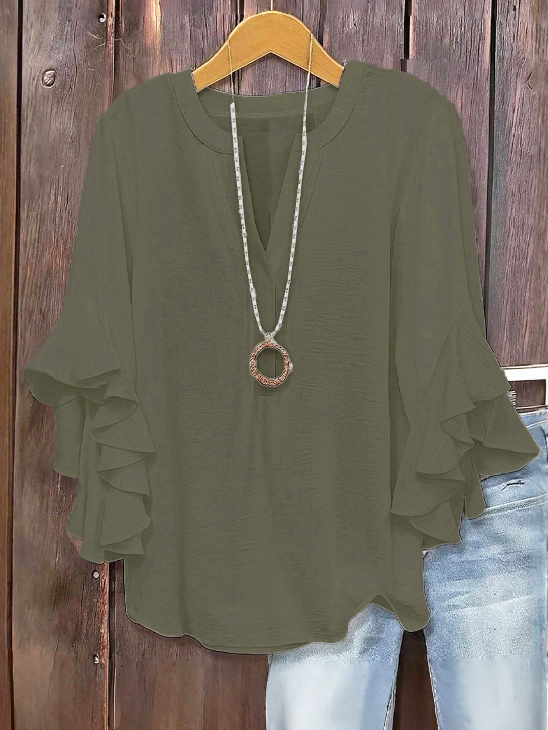 Women’s Solid Color Ruffle Sleeve Blouse