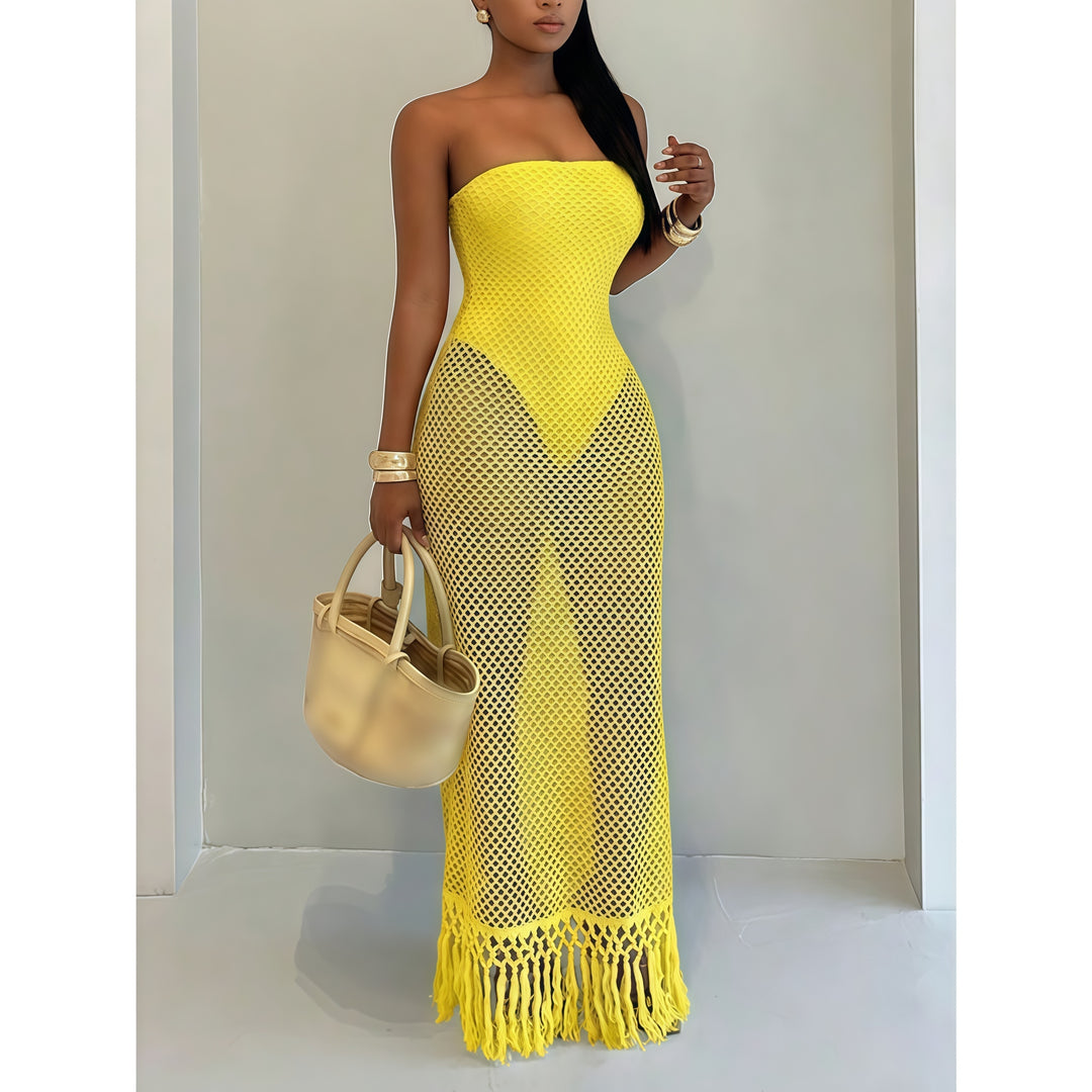 Women's Summer Beach Crochet Mesh Fringe Dress - Fake Two-Piece Design