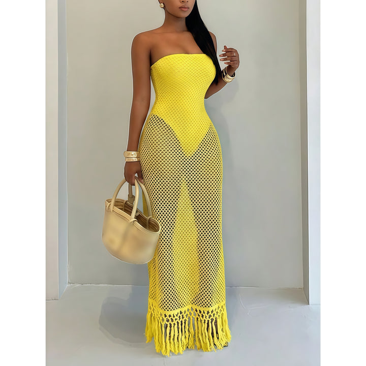 Women's Summer Beach Crochet Mesh Fringe Dress - Fake Two-Piece Design