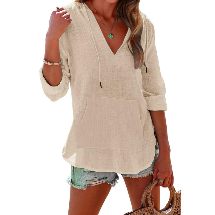 Women's Relaxed V Neck Drawstring Hooded Top