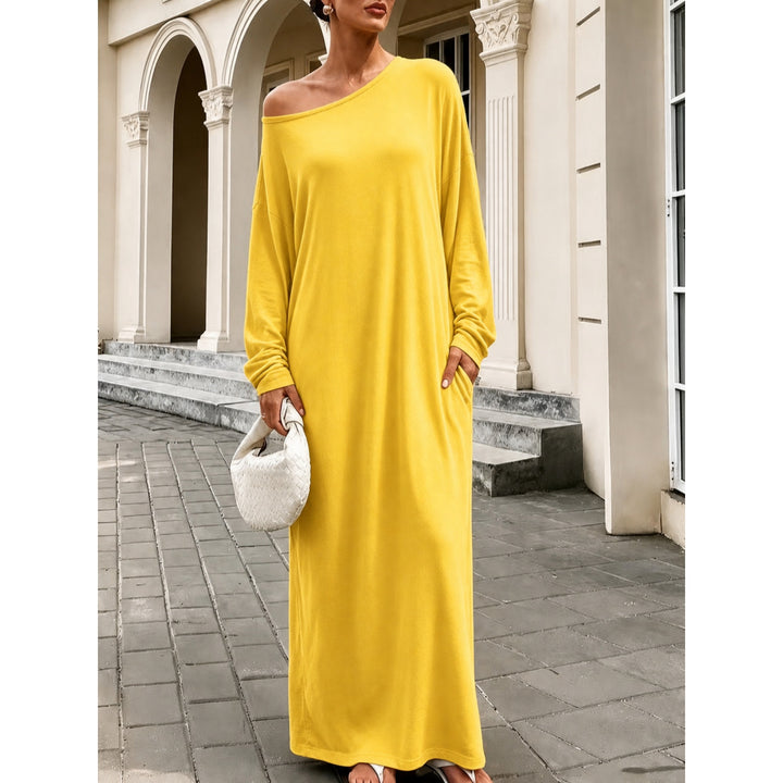 Women’s Off Shoulder Maxi Dress – Loose Fit Long Sleeve Pocket