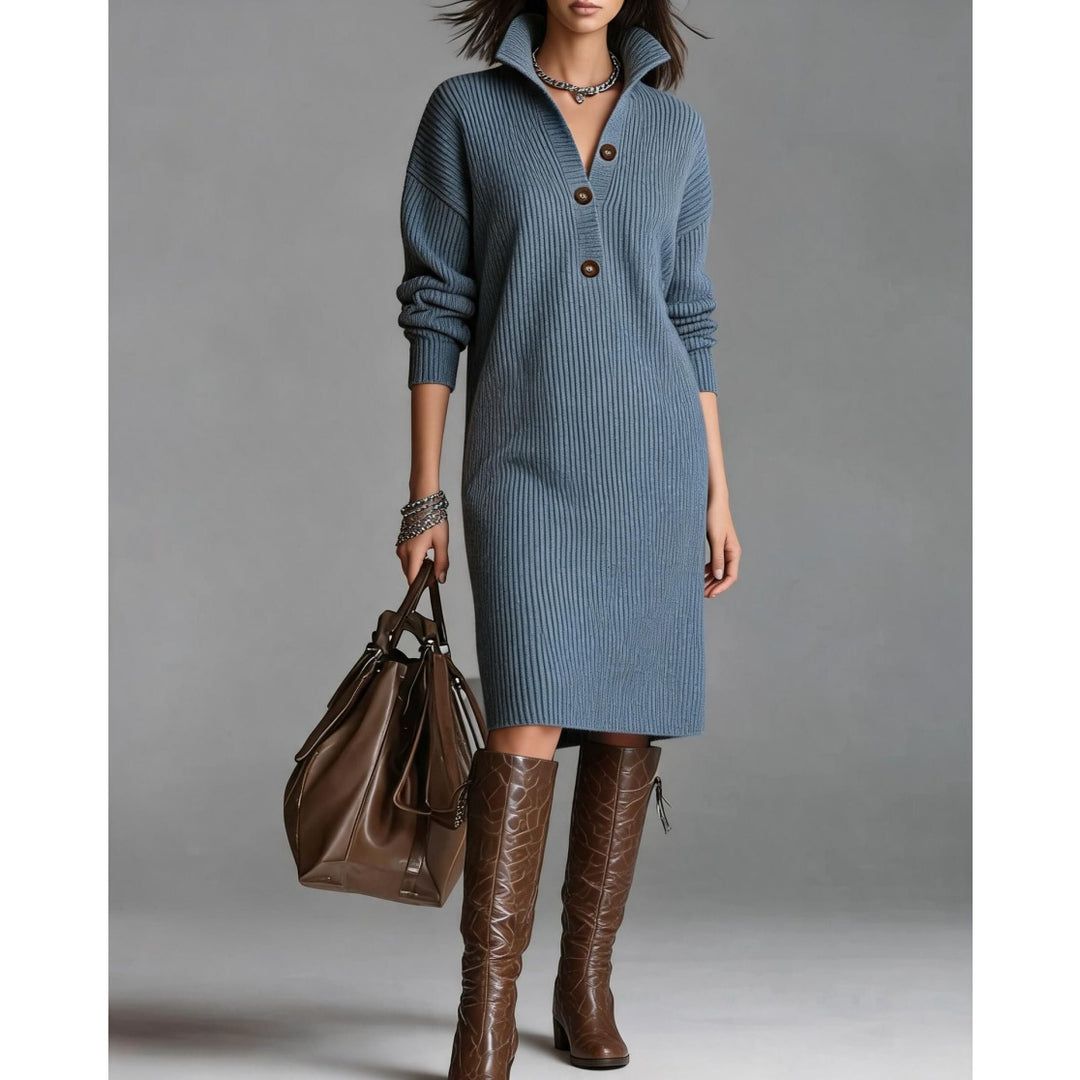 Women’s Button-Up Mock Neck Ribbed Knit Midi Dress(S-5XL)